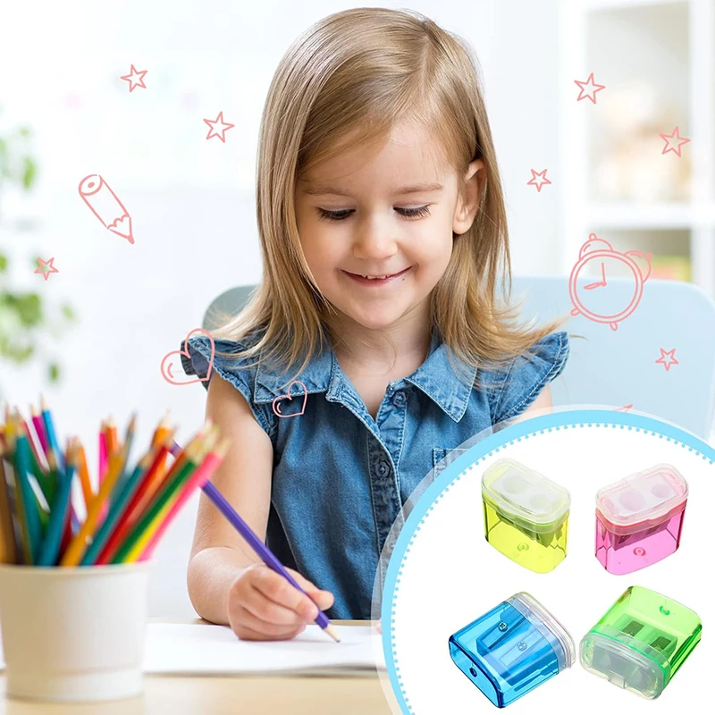 112698-yzj17z.jpg 12 unids/caja sacapuntas Manual pequeño coloreado de mano sacapuntas de doble agujero con tapa 4 colores para útiles escolares para niños