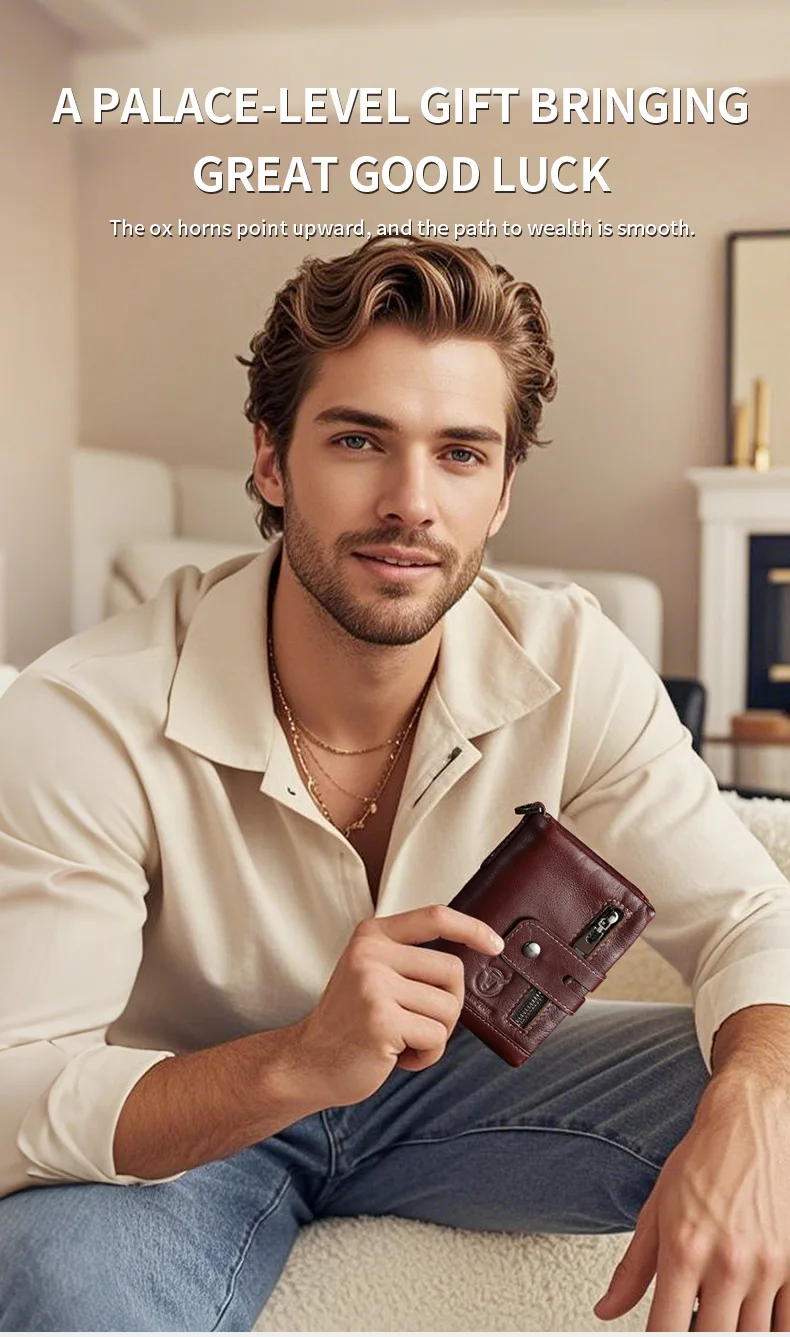 Cartera Bullcaptain de cuero genuino para hombre, monedero de viaje de calidad a la moda, protección Rfid, tarjetero Wollst para hombre con cadena