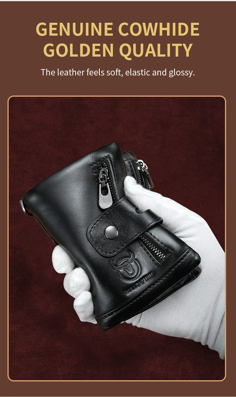 Cartera Bullcaptain de cuero genuino para hombre, monedero de viaje de calidad a la moda, protección Rfid, tarjetero Wollst para hombre con cadena