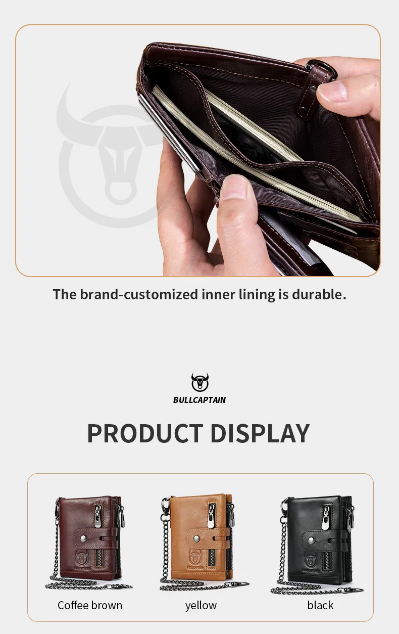 Cartera Bullcaptain de cuero genuino para hombre, monedero de viaje de calidad a la moda, protección Rfid, tarjetero Wollst para hombre con cadena