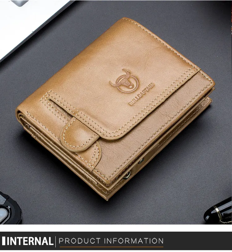 BULLCAPTAIN Cartera plegable con bloqueo RFID para hombre, tarjetero de cuero genuino con 15 ranuras para tarjetas