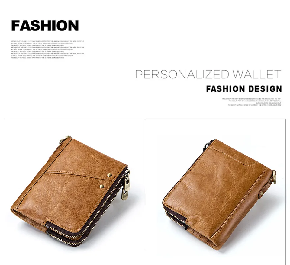 Cartera con tarjetero RFID para hombre, monedero pequeño de cuero genuino, bolsillo para monedas con doble cremallera de lujo, cartera de mano masculina de calidad