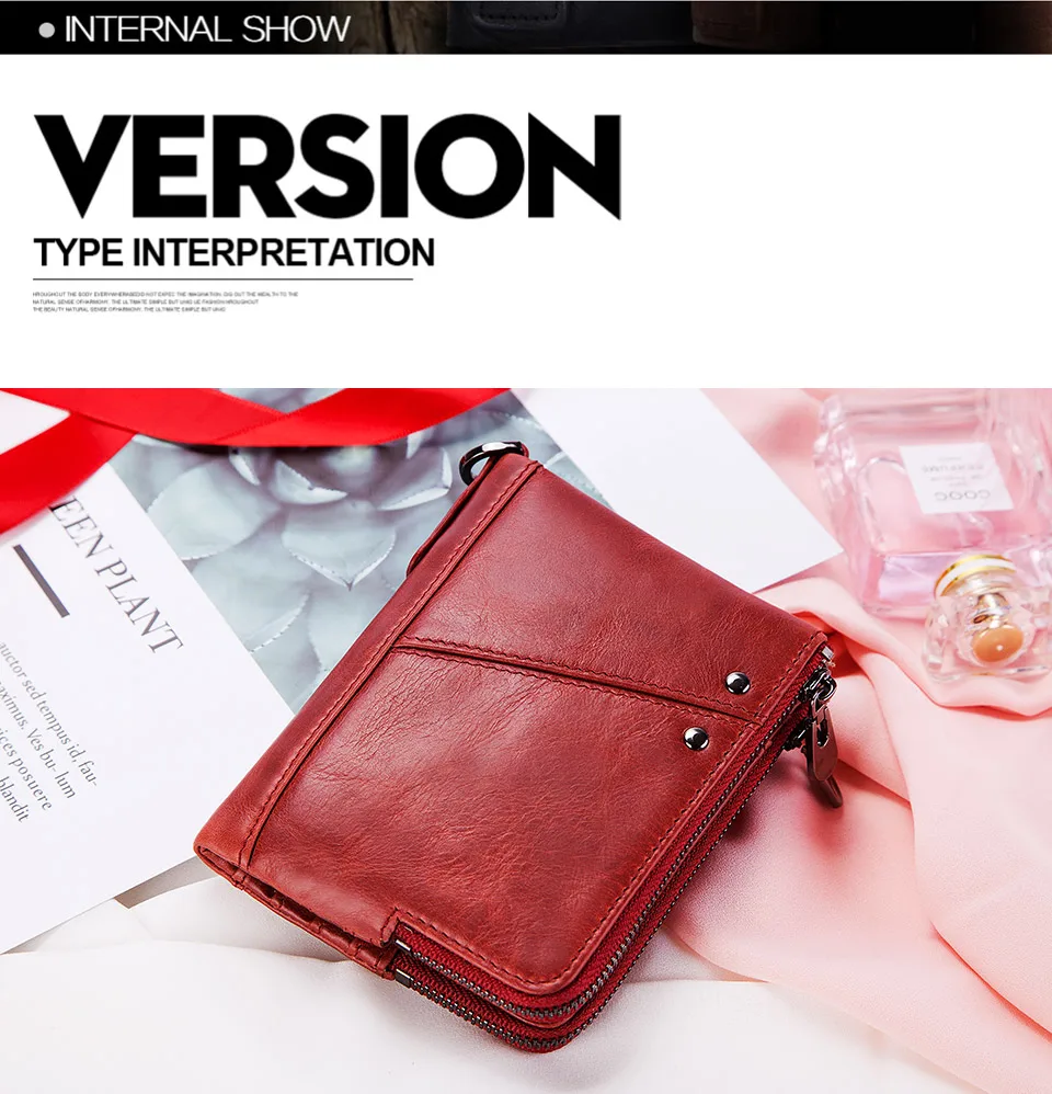 Cartera con tarjetero RFID para hombre, monedero pequeño de cuero genuino, bolsillo para monedas con doble cremallera de lujo, cartera de mano masculina de calidad