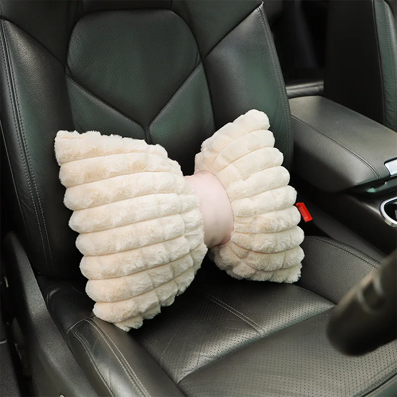 Almohada para el cuello del coche con lazo bonito, diseño de dibujos animados, reposacabezas de coche de felpa, accesorios interiores simples y bonitos, regalo creativo para niñas, 1 ud.