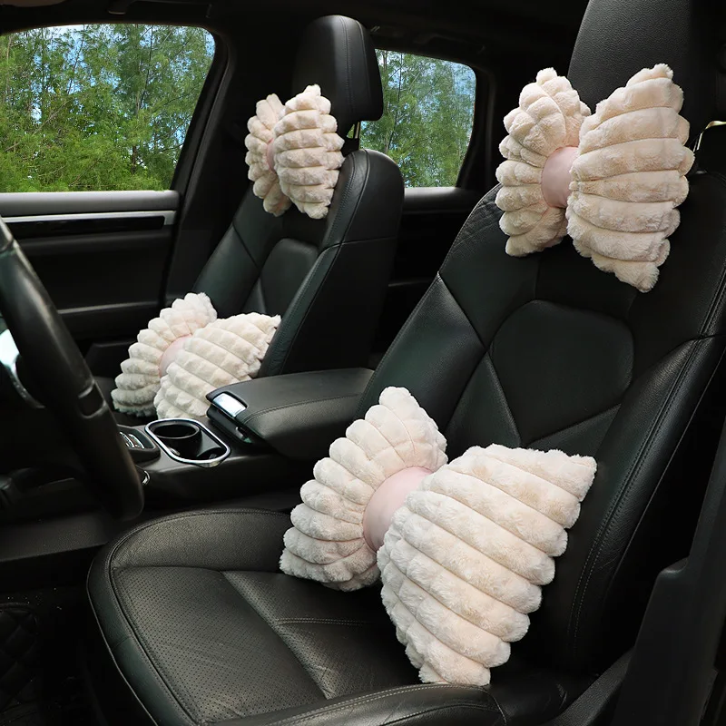 Almohada para el cuello del coche con lazo bonito, diseño de dibujos animados, reposacabezas de coche de felpa, accesorios interiores simples y bonitos, regalo creativo para niñas, 1 ud.