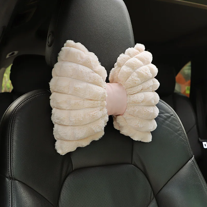 Almohada para el cuello del coche con lazo bonito, diseño de dibujos animados, reposacabezas de coche de felpa, accesorios interiores simples y bonitos, regalo creativo para niñas, 1 ud.