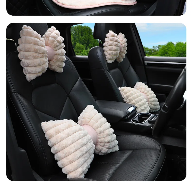 Almohada para el cuello del coche con lazo bonito, diseño de dibujos animados, reposacabezas de coche de felpa, accesorios interiores simples y bonitos, regalo creativo para niñas, 1 ud.