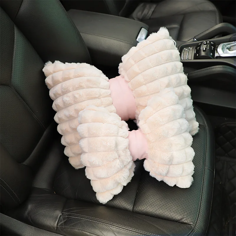 Almohada para el cuello del coche con lazo bonito, diseño de dibujos animados, reposacabezas de coche de felpa, accesorios interiores simples y bonitos, regalo creativo para niñas, 1 ud.