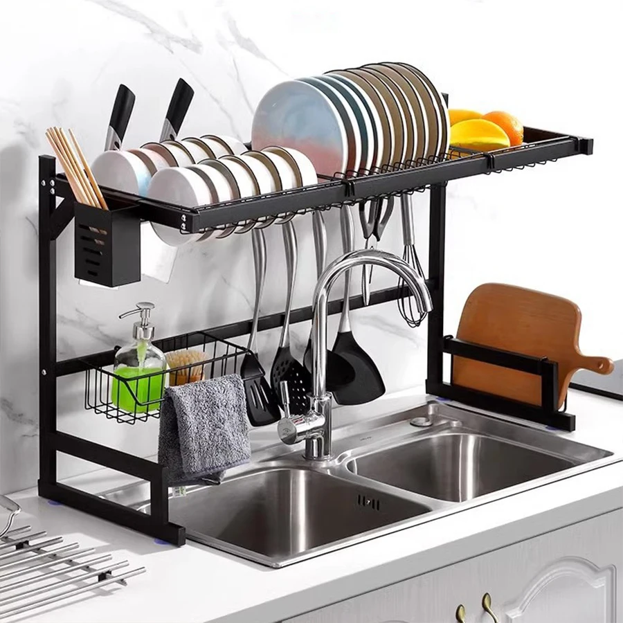 1 estante de almacenamiento de fregadero de cocina metálico, longitud extensible, estante de almacenamiento de tazón, cuchillo
