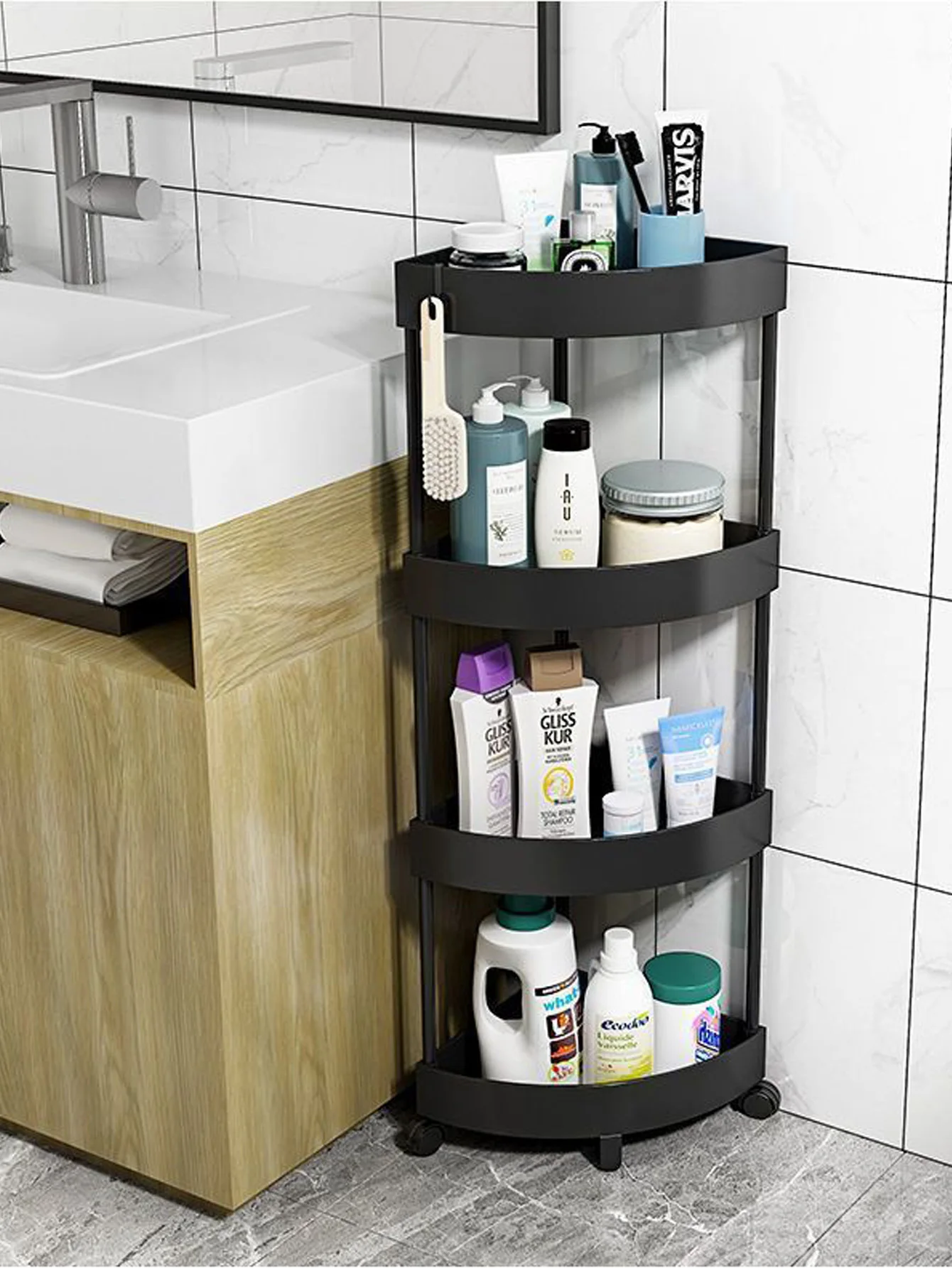 1 pieza Estantería de almacenamiento de pie para baño, estantería de almacenamiento móvil triangular de varias capas para baño y cocina