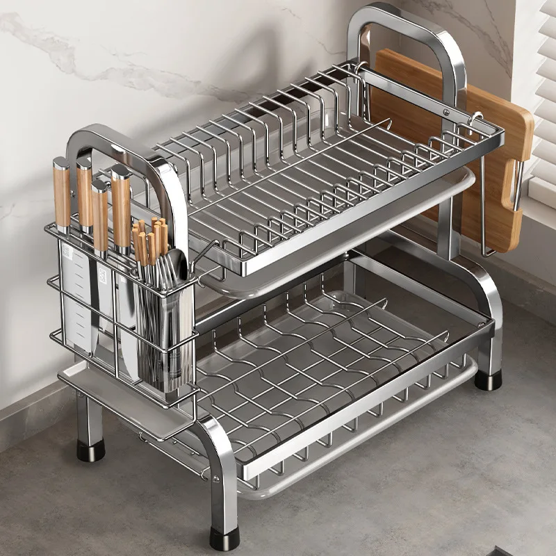 Estante para secar platos, estante compacto para platos de cocina, juego de escurridor, escurridor de platos grande a prueba de herrumbre con soporte para utensilios