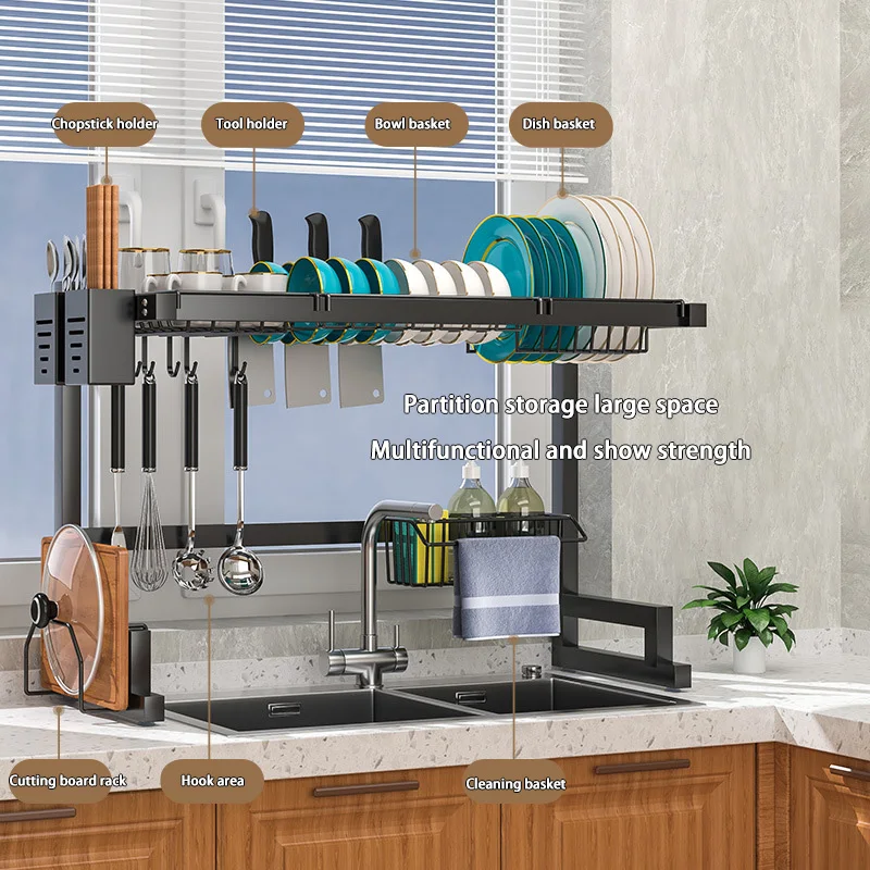 Estante para fregadero de cocina, estante de drenaje de acero inoxidable, encimera, cuenco de almacenamiento multifuncional, plato, cuchillo, tenedor, estante organizador