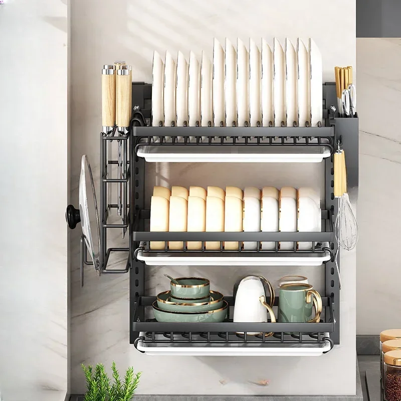 Estante para platos de cocina, estante de almacenamiento multifuncional montado en la pared, armario sin agujeros con palillos, cuchillos, platos, almacenamiento de drenaje