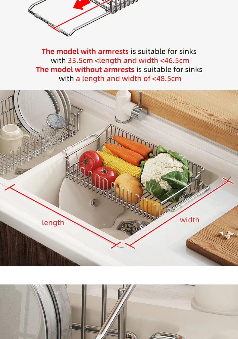 Accesorios de cocina, plato de fregadero escalable, soporte para cuencos de almacenamiento, escurridor de secado de platos de cocina de acero inoxidable 304, estantes organizadores