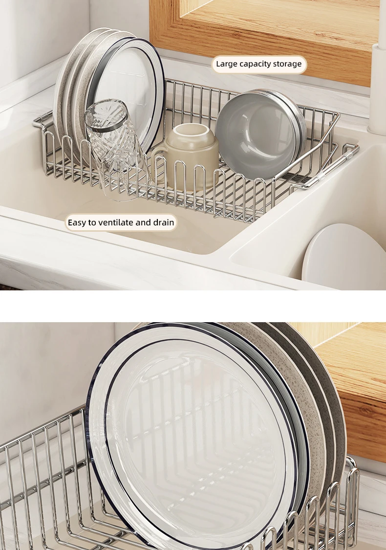 Accesorios de cocina, plato de fregadero escalable, soporte para cuencos de almacenamiento, escurridor de secado de platos de cocina de acero inoxidable 304, estantes organizadores