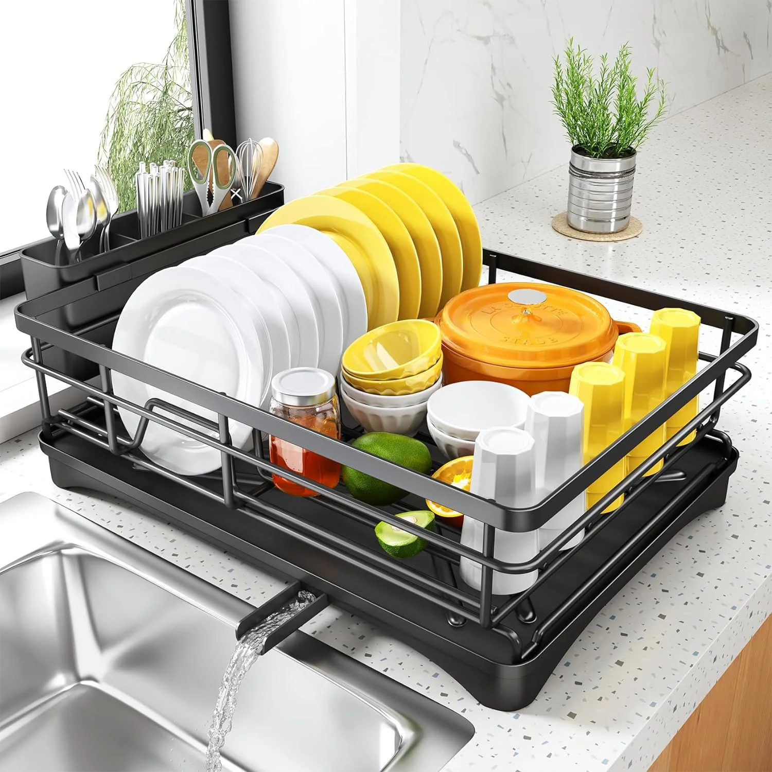 Estante para secar platos para encimera de cocina, estante grande para platos con escurridor, escurridor de platos a prueba de herrumbre con soporte para utensilios para fregadero
