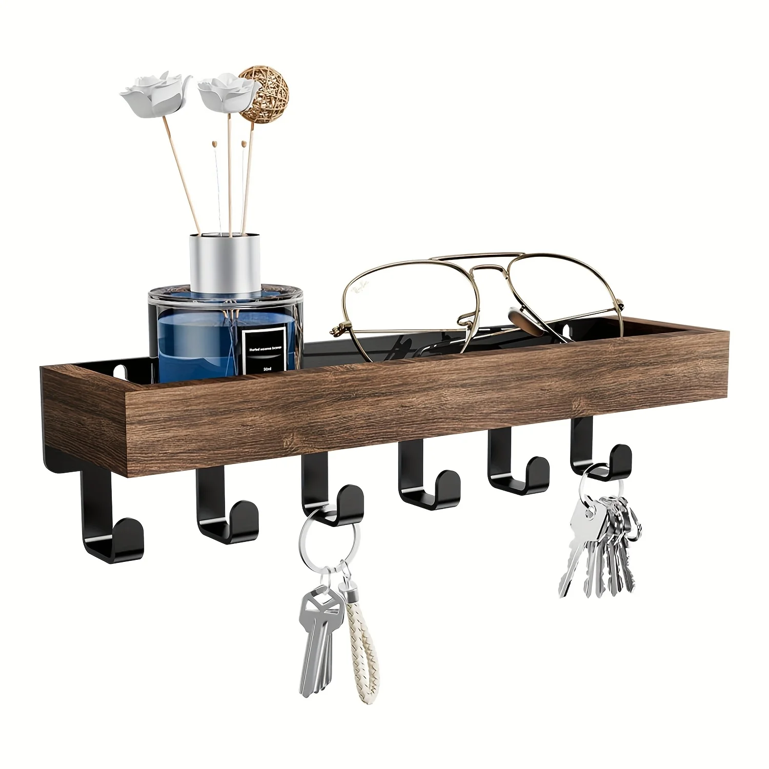 Estante flotante de madera con 6 ganchos estilo jardín, soporte para llaves montado en la pared, organizador para entrada, dormitorio, decoración versátil para el hogar