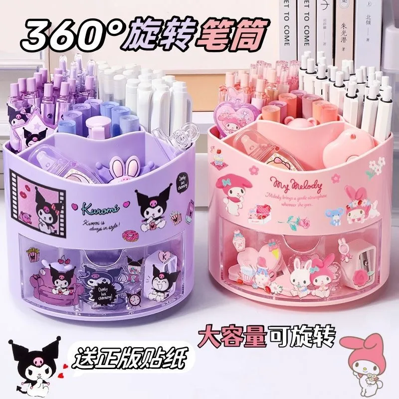 Sanrio anime soporte giratorio para bolígrafos My melody Kuromi Cinnamoroll caja de almacenamiento de escritorio multifuncional suministros escolares al por mayor