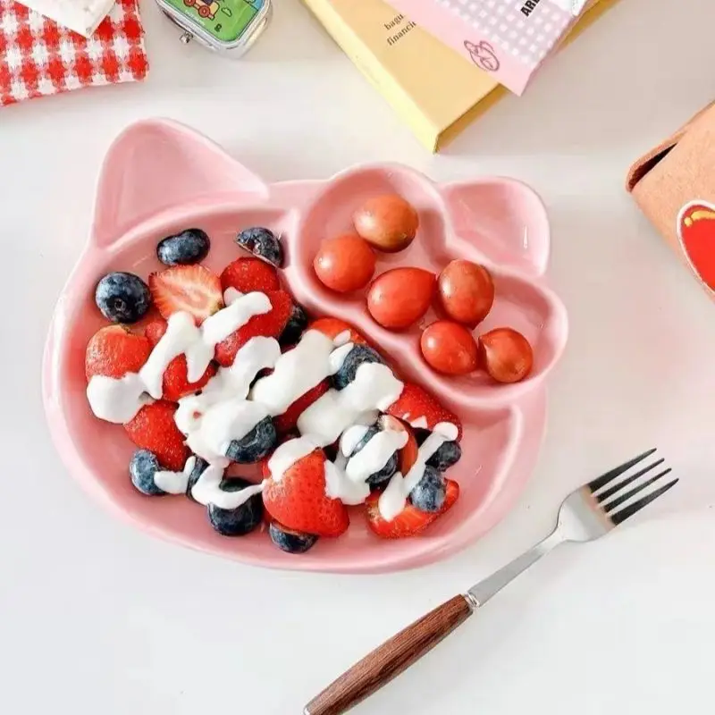 Plato de vajilla de cerámica dividido con dibujos creativos de Hello Kitty, plato de ensalada para desayuno para niños, bonito y de alta belleza
