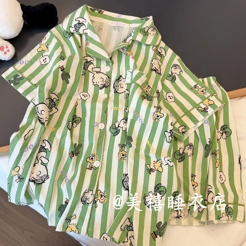 Pijamas a rayas personalizados de moda Snoopy, cárdigan de manga corta estilo Ins de verano, traje de dormitorio para estudiantes, ropa para el hogar