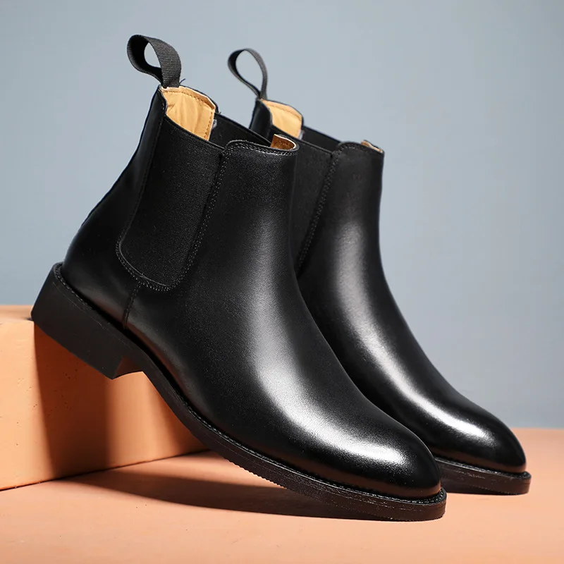 Primavera/Invierno elegante Chelsea botas de cuero hombres pareja zapatos tamaño 35 47 vestido sin cordones botas formales modelo moda Show222