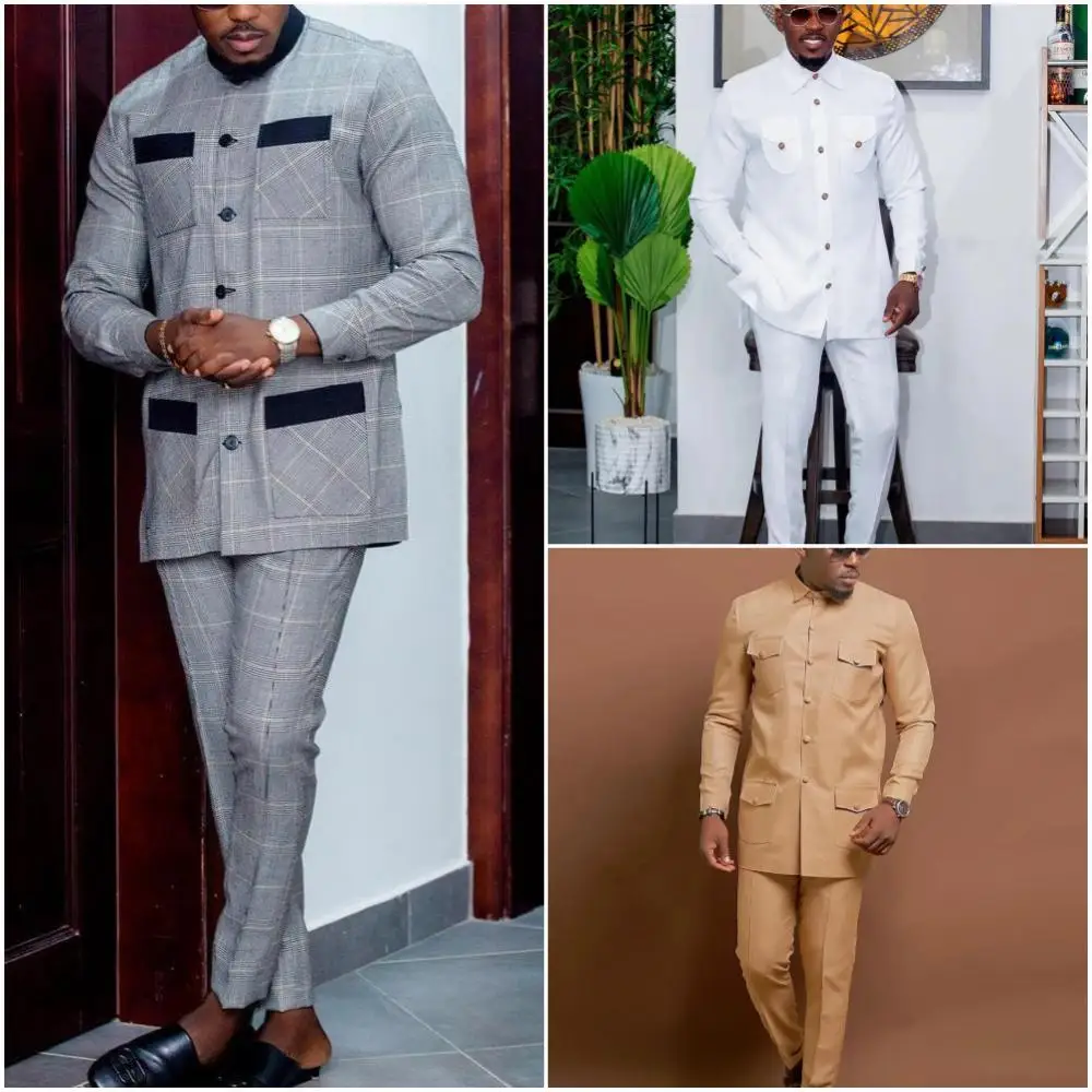 Traje elegante de lujo de estilo africano para hombre, traje y pantalones a rayas a cuadros con una botonadura, traje de negocios informal de 2 piezas para hombre 2024