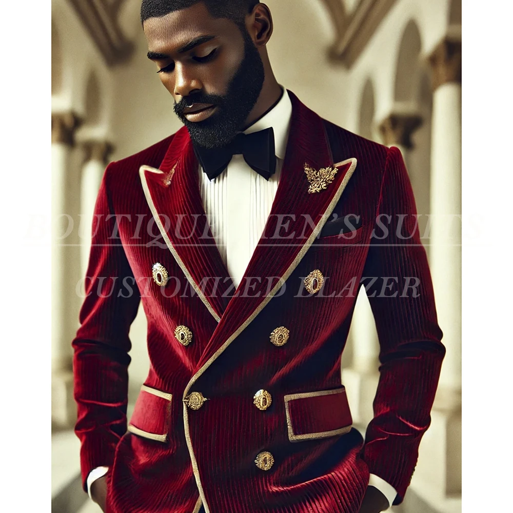 Trajes de pana roja de lujo para hombre, trajes de moda con doble botonadura, chaqueta con solapa de pico, ropa elegante de boda para hombre, trajes Terno