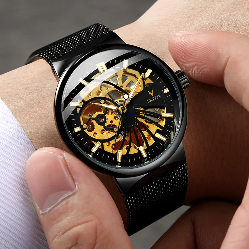 Relojes SKROX Vintage elegantes para hombre, marca superior de lujo, esqueleto transparente, reloj de pulsera mecánico Manual luminoso fino para hombre