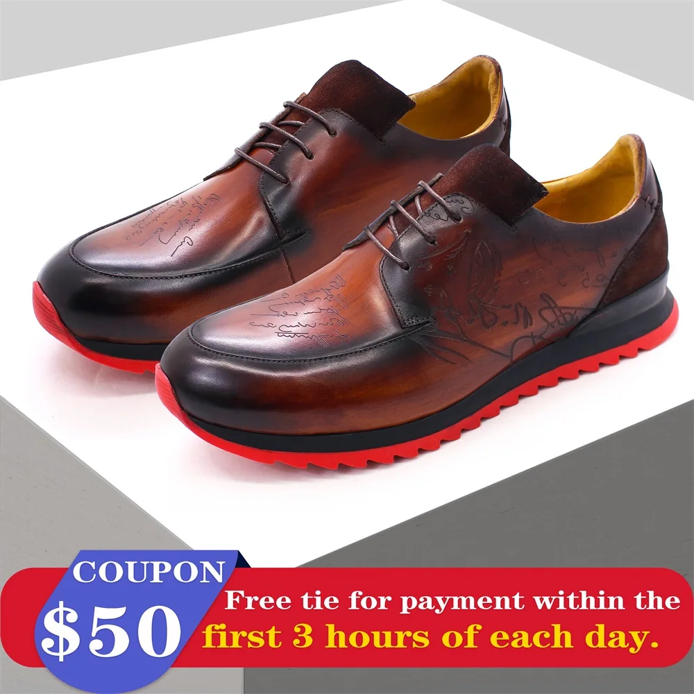 Zapatos de cuero con cordones para hombre, calzado informal de suela roja antideslizante, hecho a mano, elegante, para oficina, banquete, boda