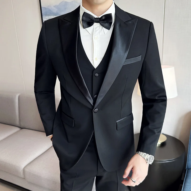 (Chaqueta + chaleco + Pantalones) Boutique de marca de alta gama, moda informal para hombre, traje para fumar negro de negocios, vestido de boda para novio, esmoquin