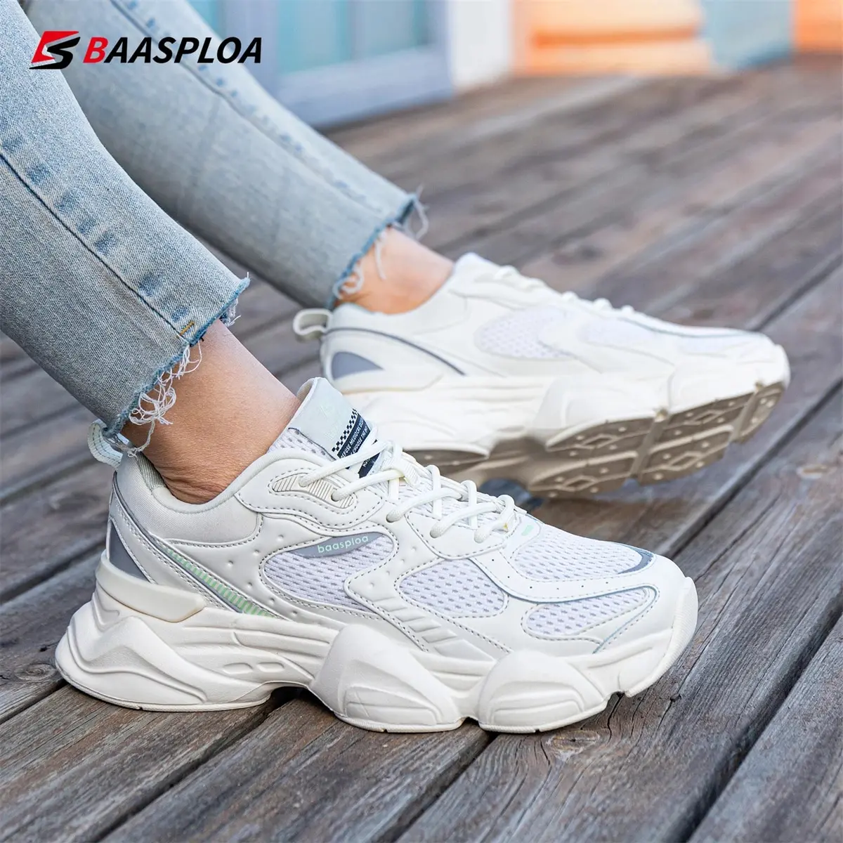 Baasploa, zapatillas para correr para mujer, zapatillas de cuero con cordones, calzado para exteriores, tenis deportivos antideslizantes, zapatos ligeros para caminar para mujer