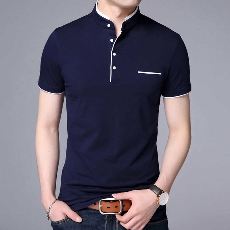 2025 nueva marca de moda Polo camisa de verano para hombres cuello mandarín Slim Fit Color sólido botón transpirable Polos ropa Casual para hombres